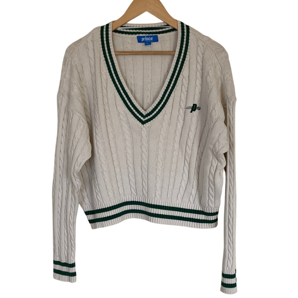 Prince Pickleball Size L Cable Knit Sweater Green Stripes Cropped Cotton‎ Sporty